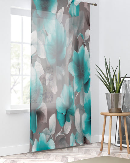 Tif Green Gray Floral Bunch Sheer Window Curtain, 50" x 84", partially transparent