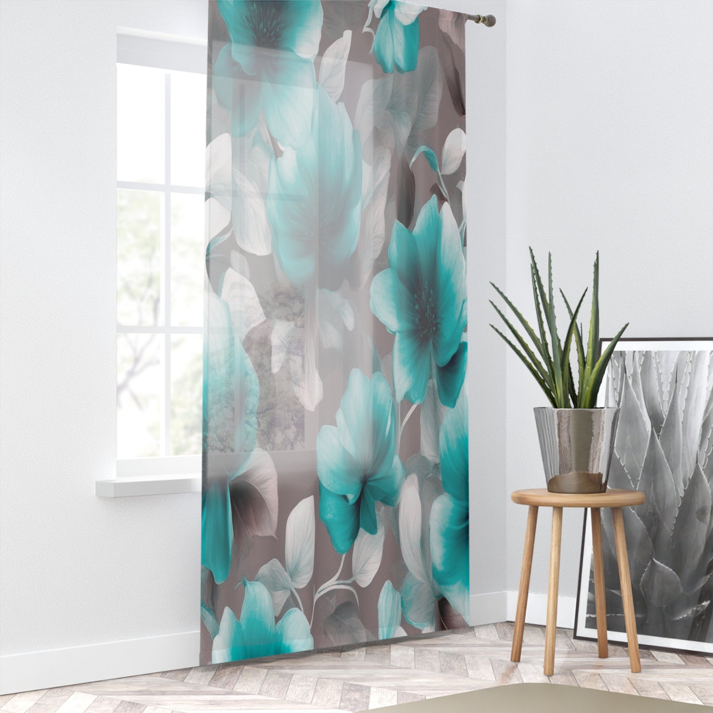 Tif Green Gray Floral Bunch Sheer Window Curtain, 50" x 84", partially transparent