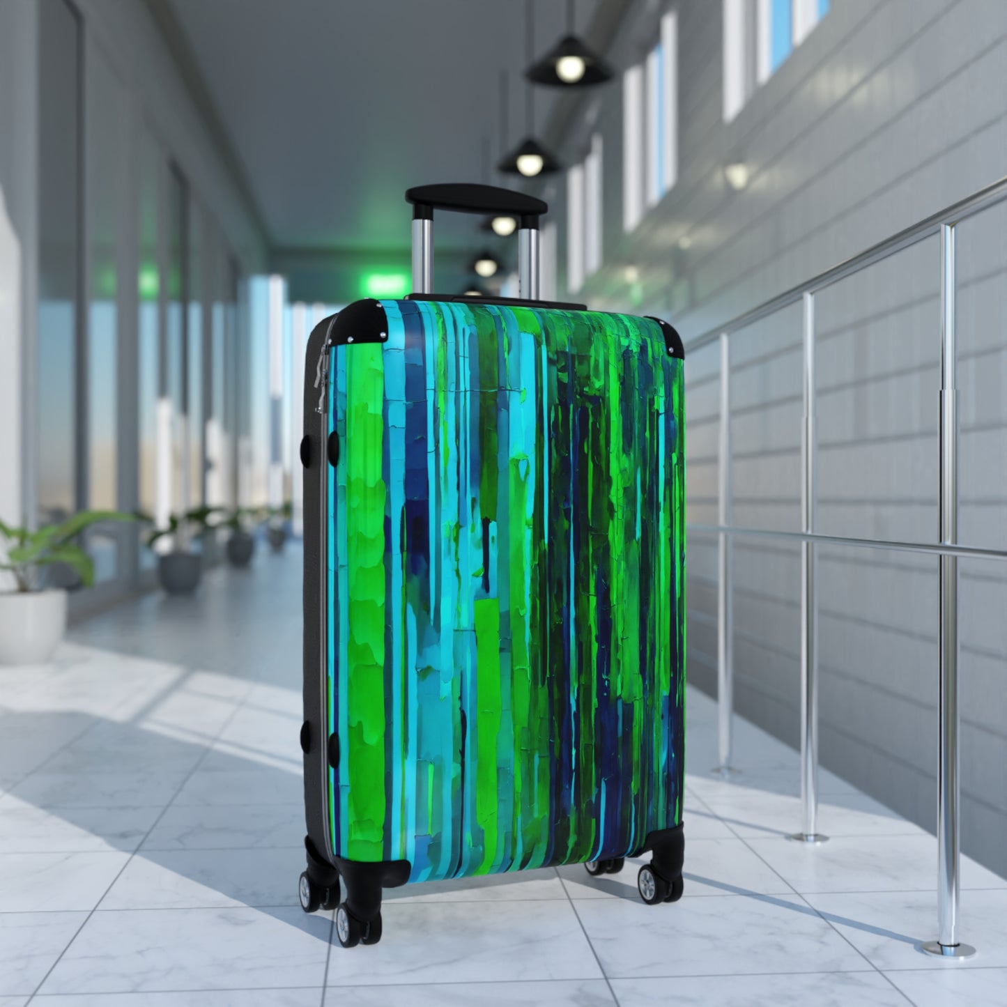 Striped Blue Green Medium Suitcase with built in lock, 4 double-wheels, telescopic handle, and ABS back hard-shell