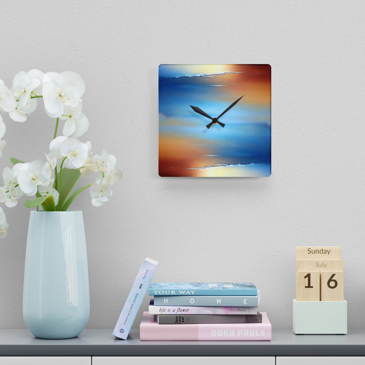 Blue Sea Red Orange Fog Acrylic Wall Clock, Round or Square, 10.75" x 10.75"