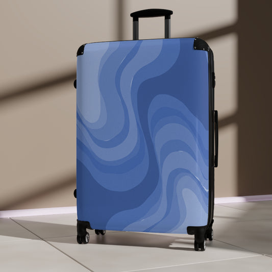 Deep Blue Wavey Large Suitcase with built in lock, 4 double-wheels, telescopic handle, and ABS back hard-shell