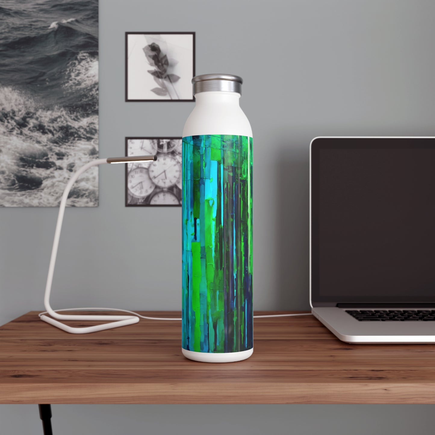 Striped Blue Green Slim Water Bottle, 20 oz White