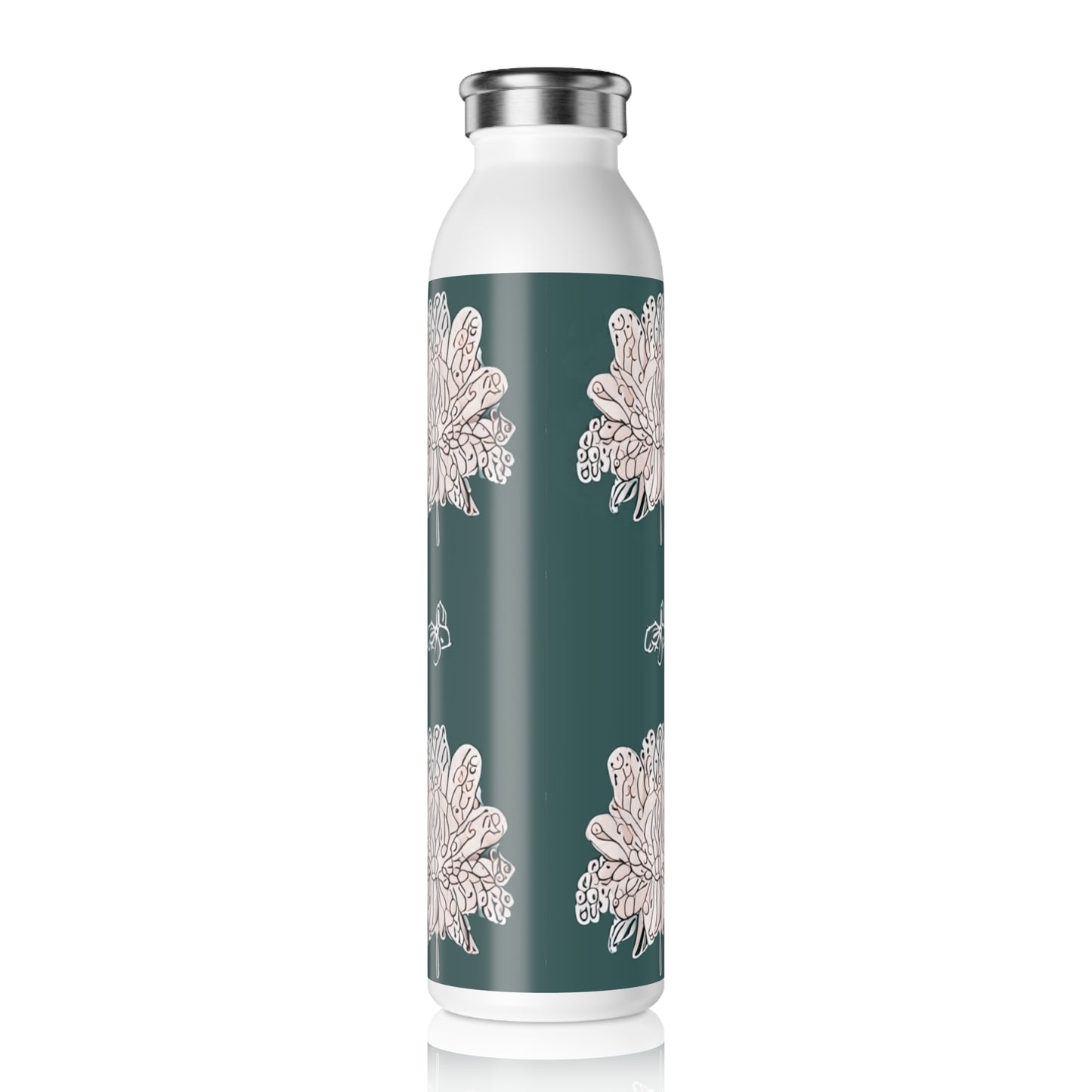Soft White Floral Butterflies Slim Water Bottle, 20 oz White