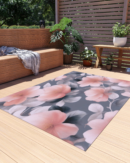 Peach and Blue Gray Floral Bunch Outdoor Rug, 60" x 84"