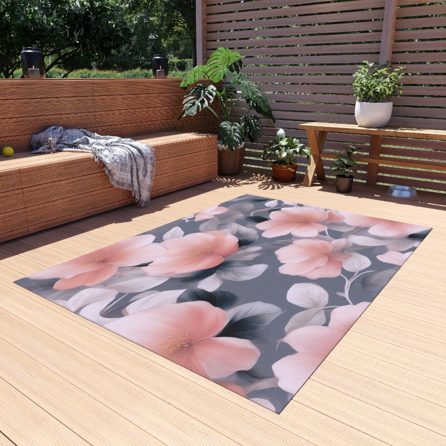 Peach and Blue Gray Floral Bunch Outdoor Rug, 60" x 84"