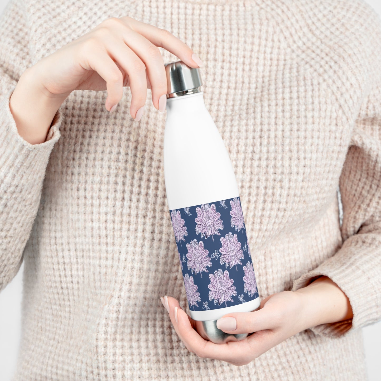 Purple White Floral Butterflies 20oz Insulated Water Bottle
