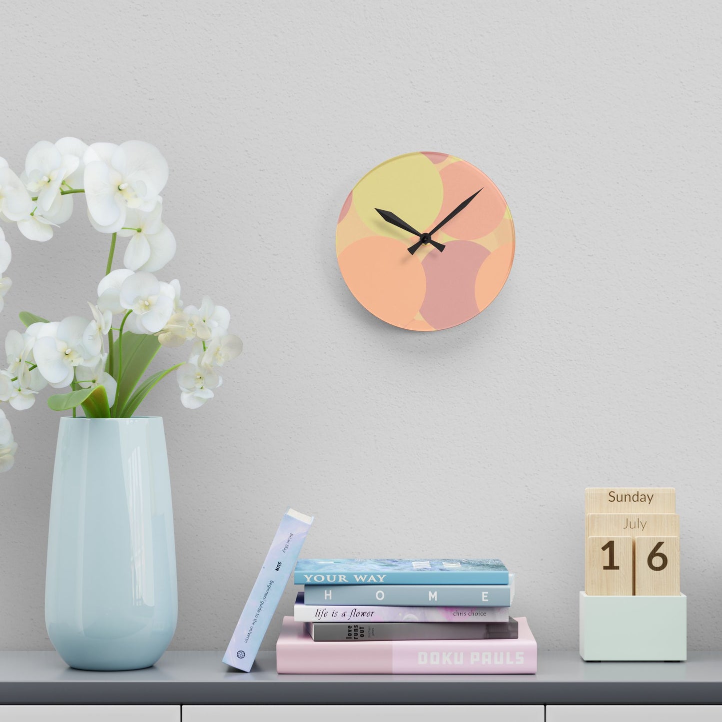Pastel Hot Peach Patches Acrylic Round Wall Clock, 8" x 8"