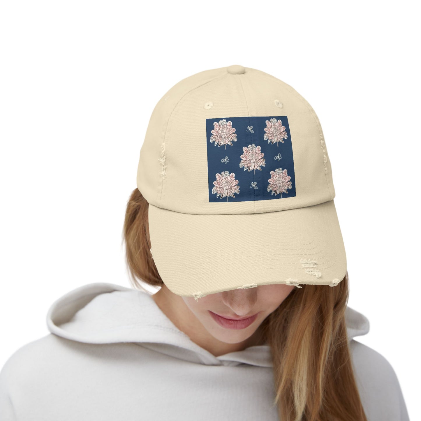 Rose White Floral Butterflies Unisex Distressed Cap