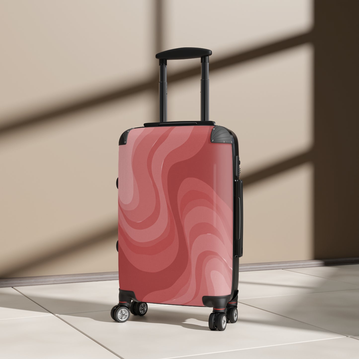 Power Red Wavey Small Suitcase with built in lock, 4 double-wheels, telescopic handle, and ABS back hard-shell