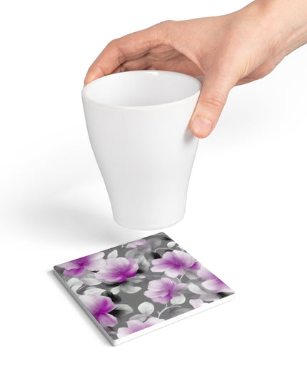 Purple Blossom Floral Bunch Square Ceramic Coaster, 4" x 4"