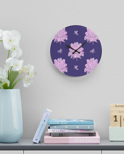 Magenta Floral Butterflies Acrylic Wall Clock, Round or Square, 10.75" x 10.75"