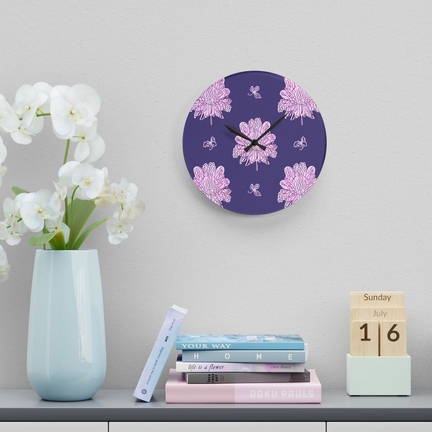 Magenta Floral Butterflies Acrylic Wall Clock, Round or Square, 10.75" x 10.75"