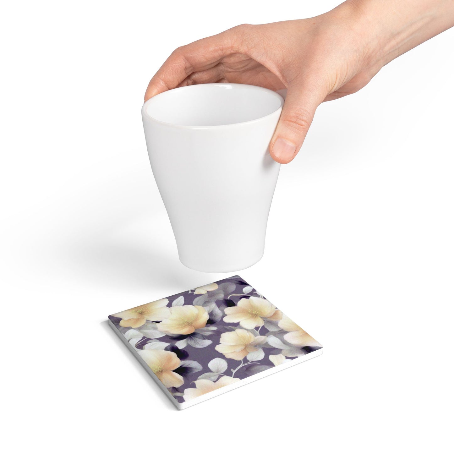 White Blush Floral Bunch Square Ceramic Coaster, 4" x 4"