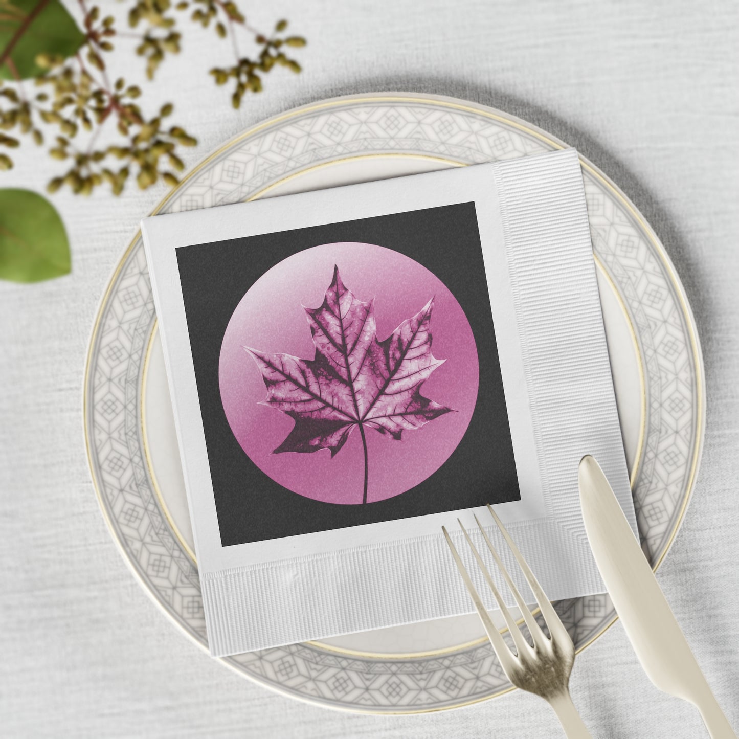 Magenta Maple Leaf White Coined Napkins, 6.5" x 6.5"