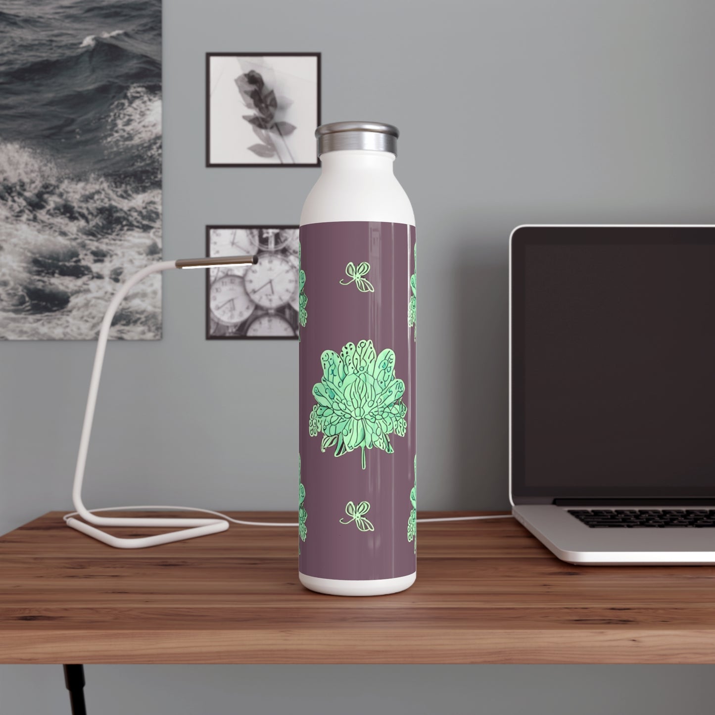 Mint Green Floral Butterflies Slim Water Bottle, 20 oz White