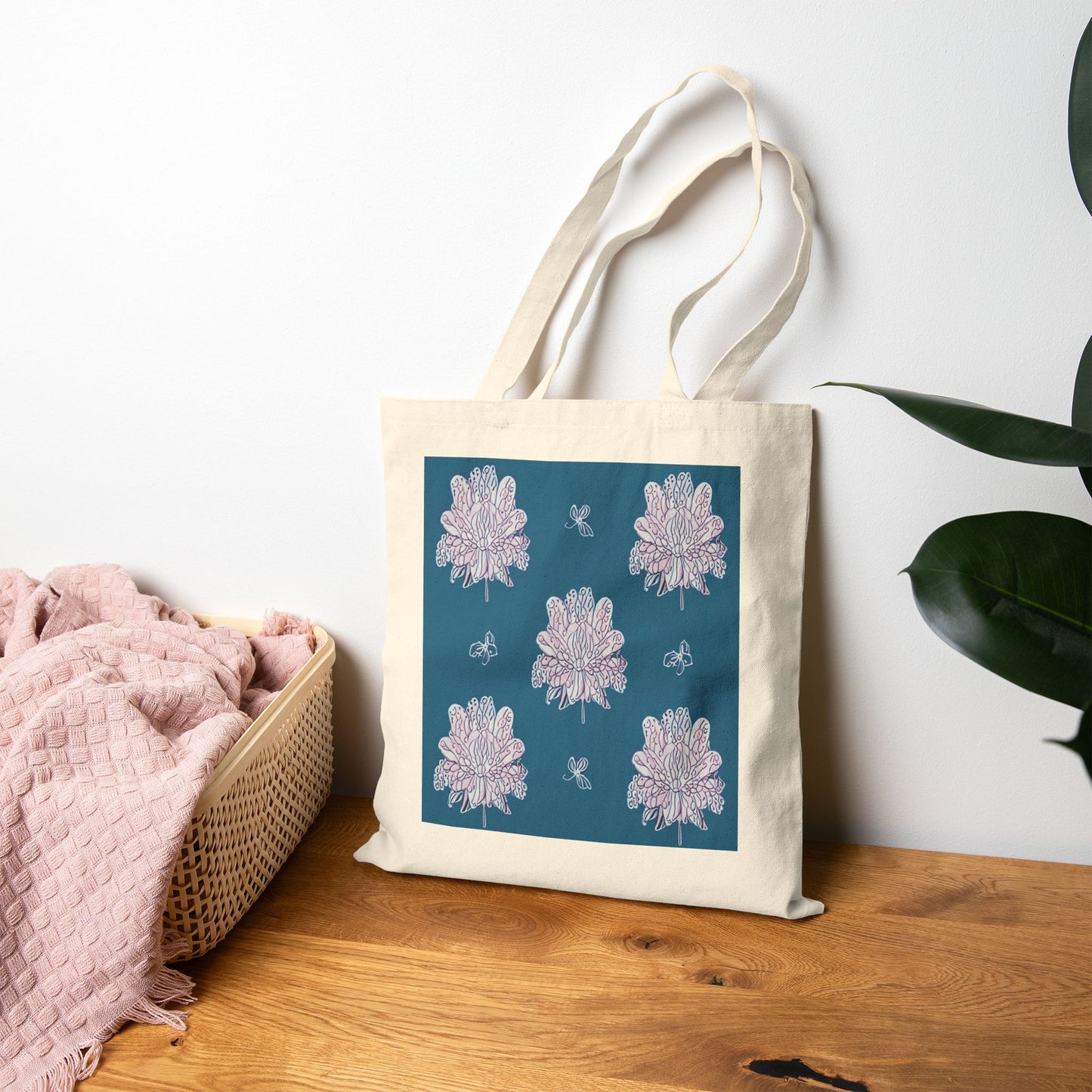 Lavender Floral Butterflies Cotton Canvas Tote Bag