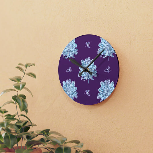 Blue Floral Butterflies Acrylic Round Wall Clock, 8" x 8"