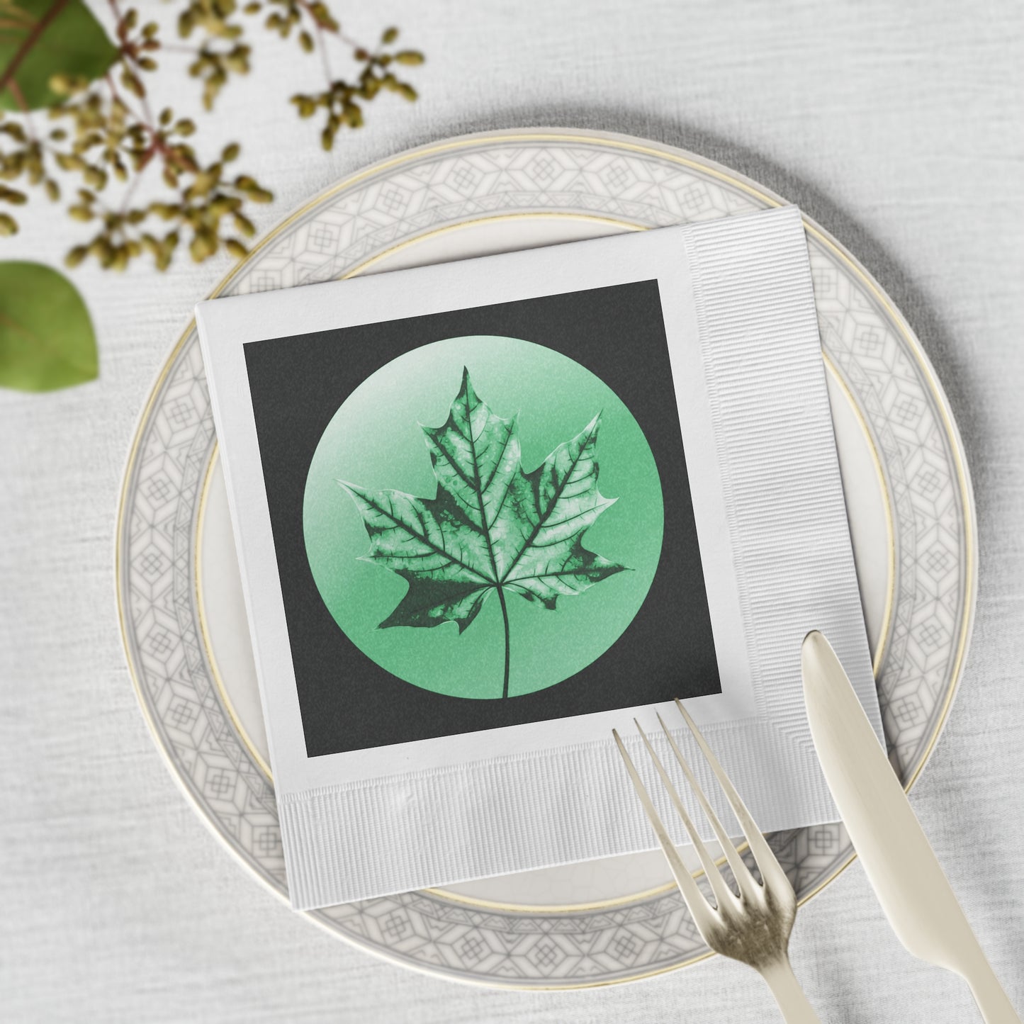 Mint Green Maple Leaf White Coined Napkins, 6.5" x 6.5"