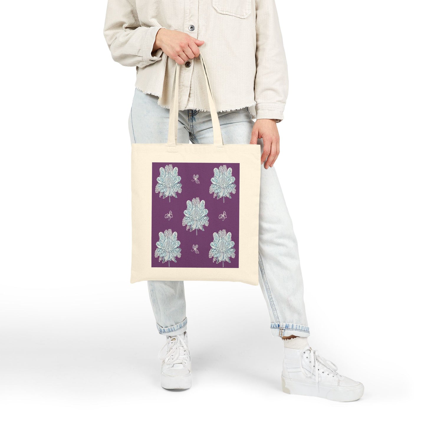 Blue Floral Butterflies Cotton Canvas Tote Bag