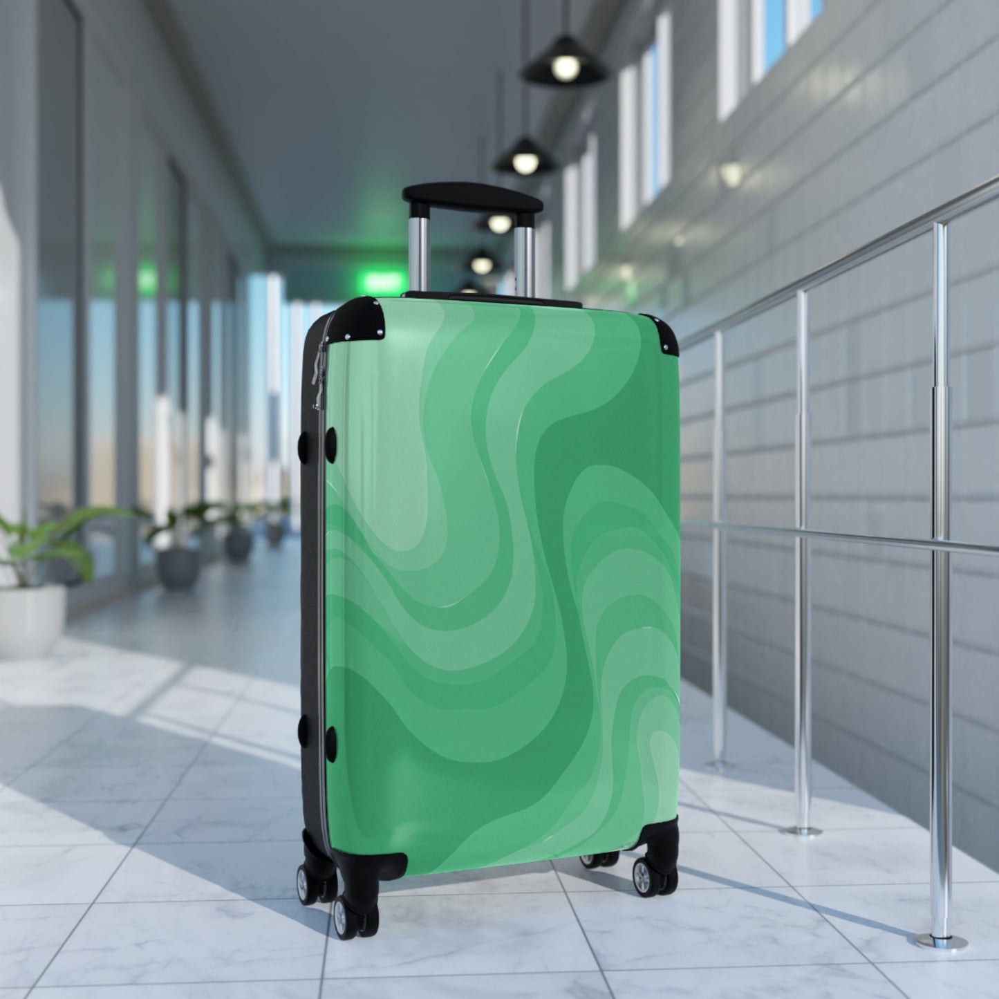 Mint Green Wavey Medium Suitcase with built in lock, 4 double-wheels, telescopic handle, and ABS back hard-shell