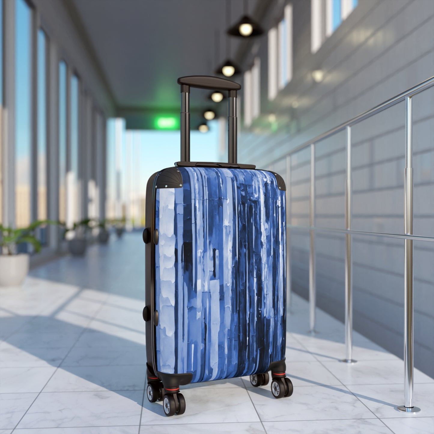 Striped Deep Blue Small Suitcase with built in lock, 4 double-wheels, telescopic handle, and ABS back hard-shell
