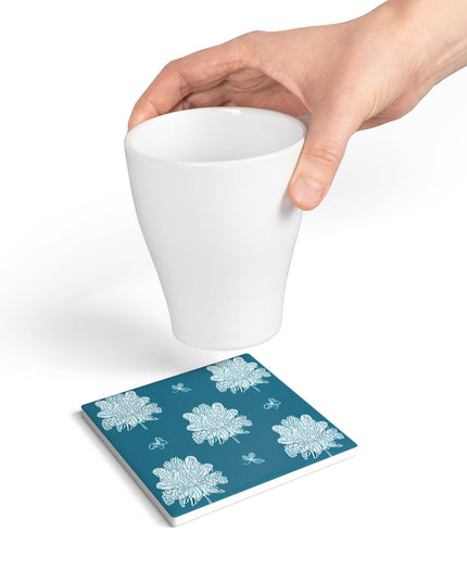 Tif Green White Floral Butterflies 4" x 4" Square Ceramic Coaster
