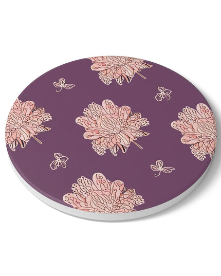 Pink Floral Butterflies 4" x 4" Round Ceramic Coaster