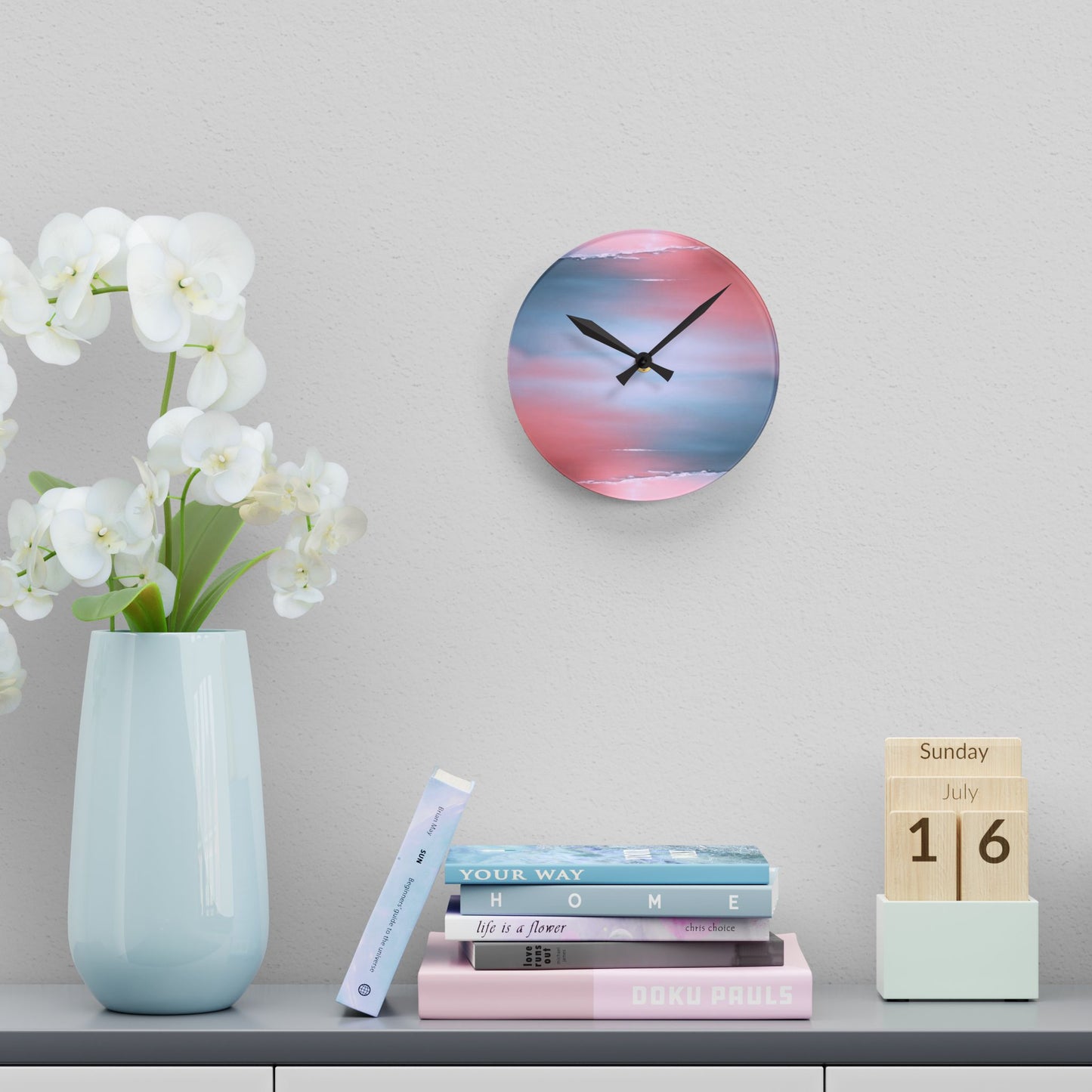 Gray Sea Pink Fog Acrylic Round Wall Clock, 8" x 8"