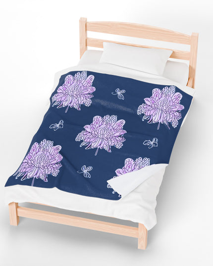 Purple White Floral Butterflies Velveteen Plush Blanket, 50" x 60"