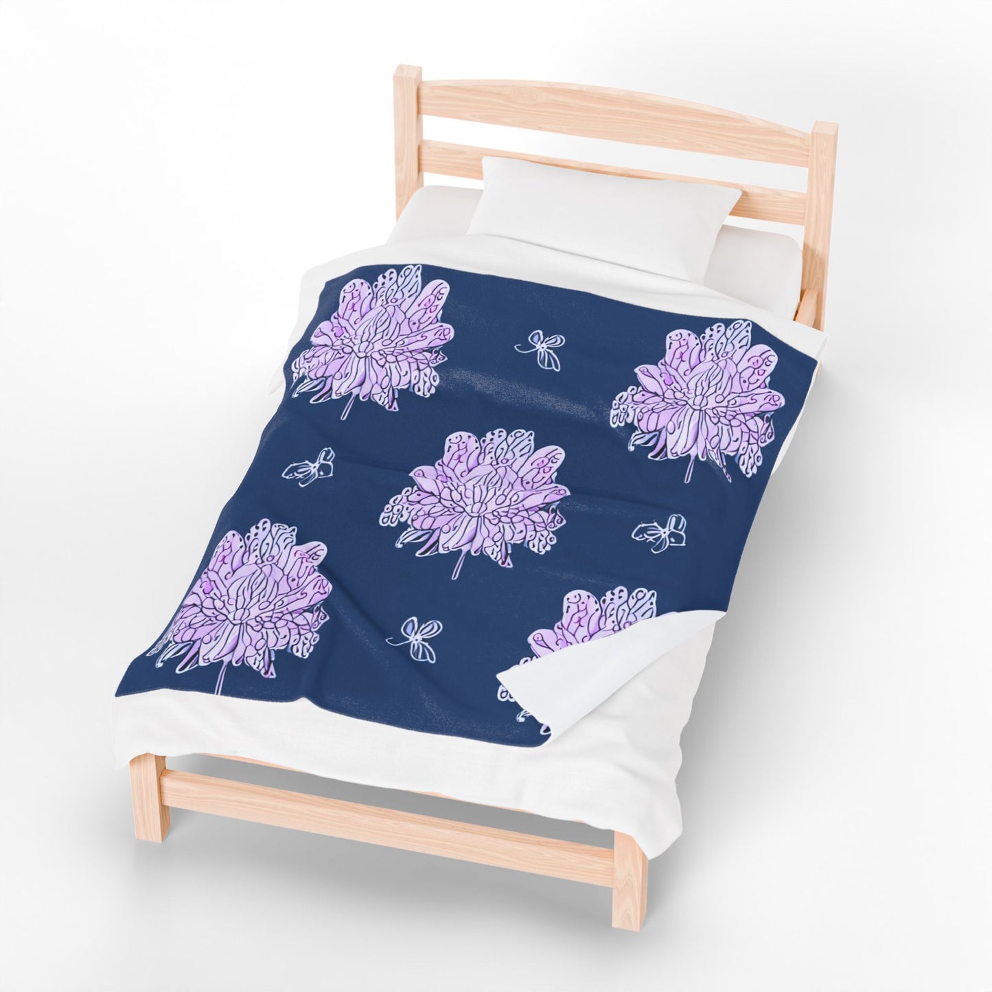 Purple White Floral Butterflies Velveteen Plush Blanket, 50" x 60"