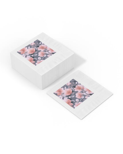 Peach and Blue Gray Floral Bunch White Coined Napkins, 4.8" x 4.8"