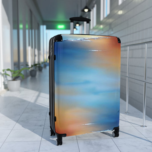 Blue Sea Red Orange Fog Large Suitcase with built in lock, 4 double-wheels, telescopic handle, and ABS back hard-shell