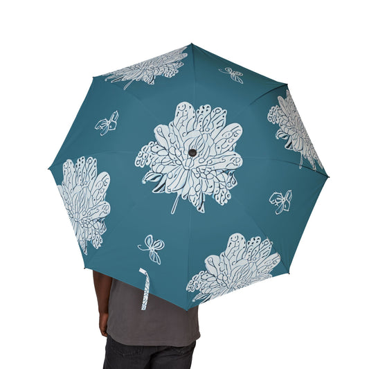 Tif Green White Floral Butterflies Foldable Umbrella - Compact & Chic
