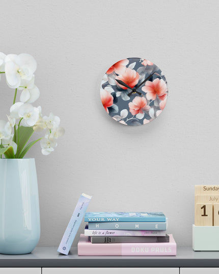 Red Blossom Floral Bunch Acrylic Round Wall Clock, 8" x 8"