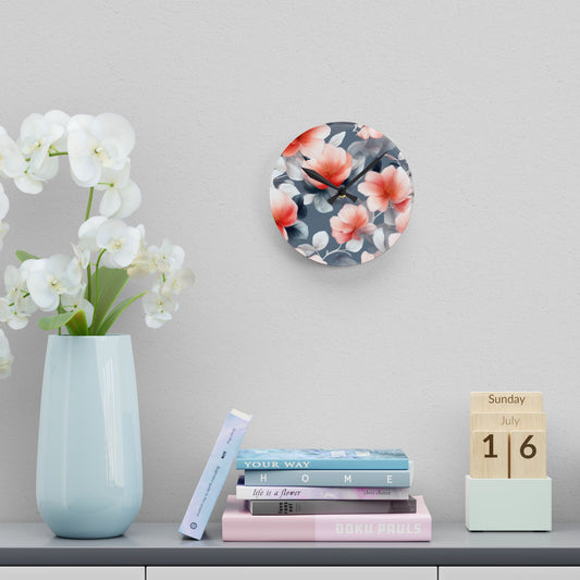 Red Blossom Floral Bunch Acrylic Round Wall Clock, 8" x 8"