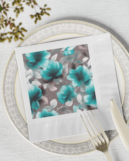 Tif Green Gray Floral Bunch White Coined Napkins, 6.5" x 6.5"