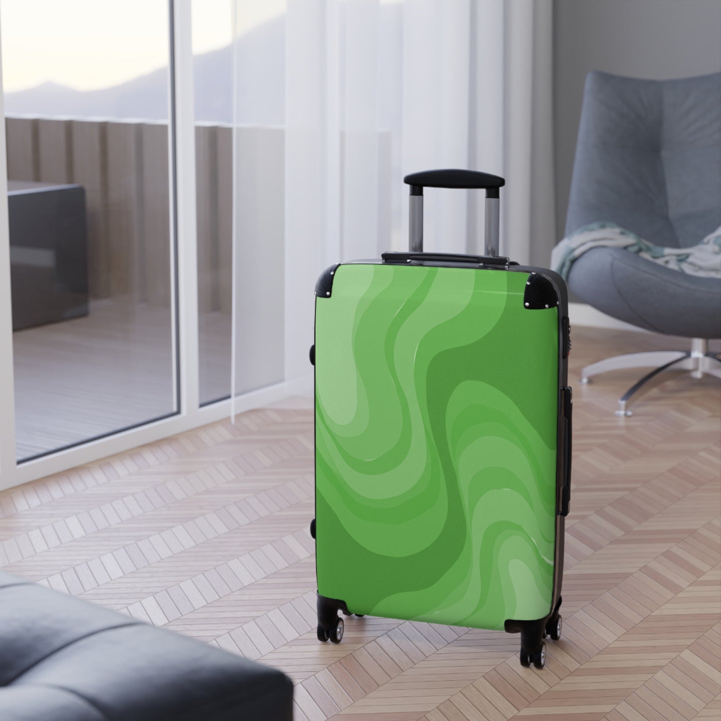 Greenie Meanie Wavey Medium Suitcase with built in lock, 4 double-wheels, telescopic handle, and ABS back hard-shell