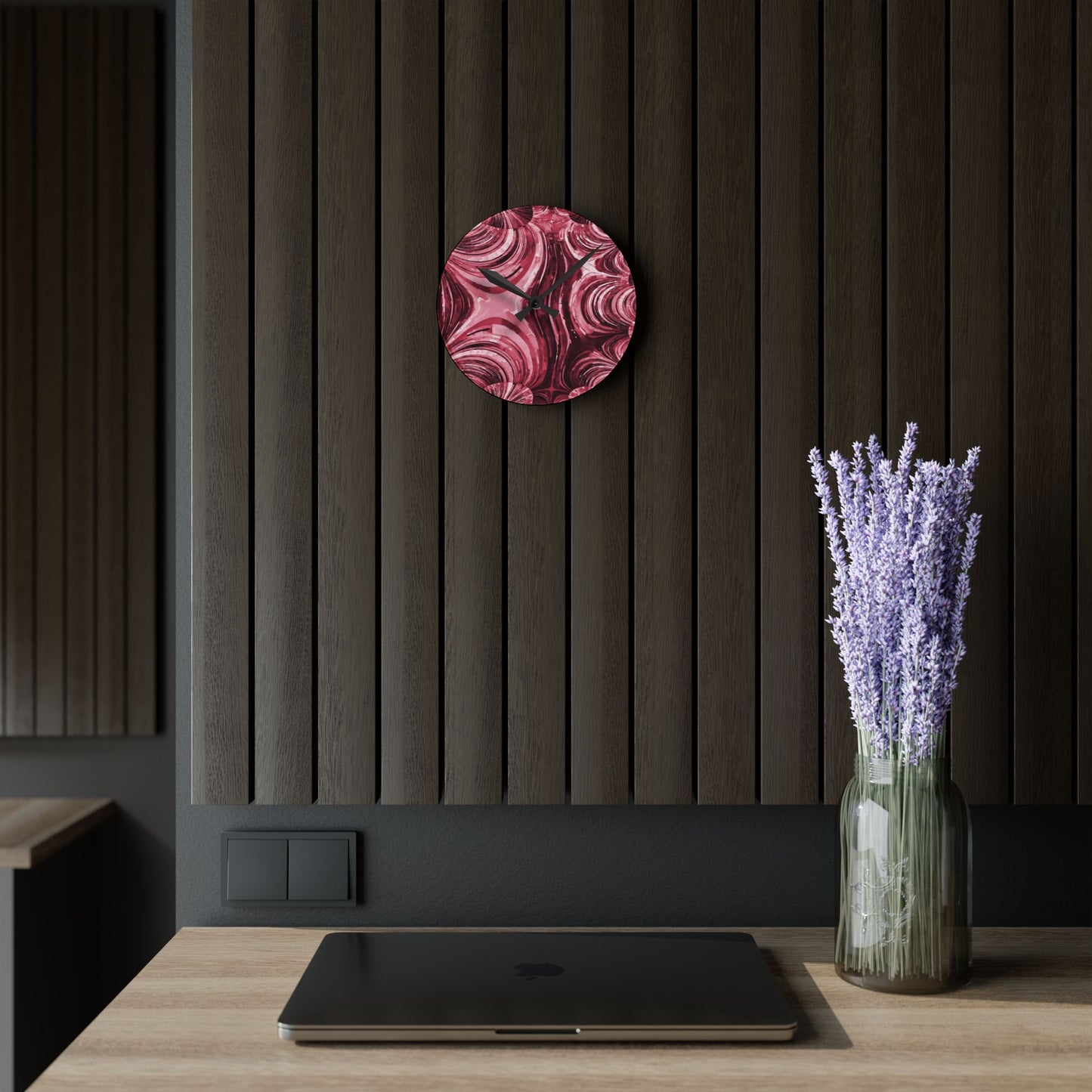 Uzi Spiral Ruby Acrylic Round Wall Clock, 8" x 8"