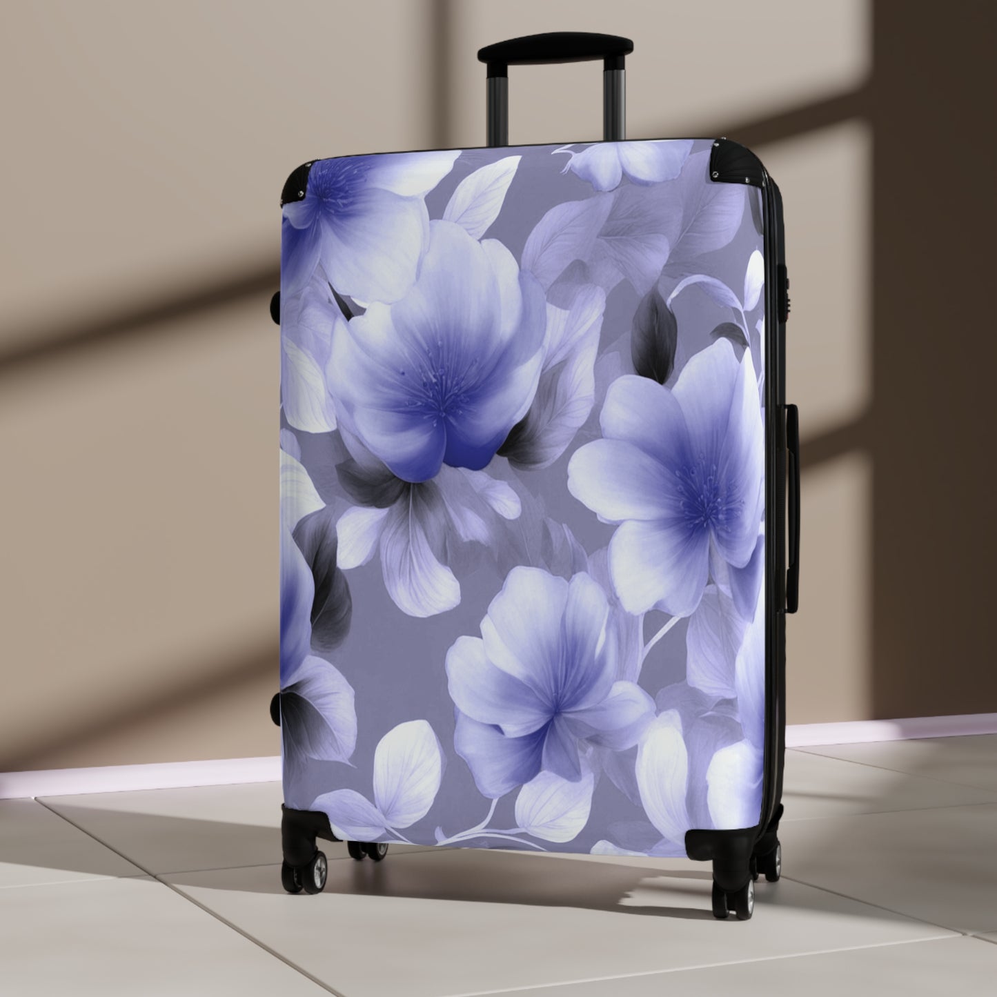 Indigo Blossom Floral Bunch Large Suitcase with built in lock, 4 double-wheels, telescopic handle, and ABS back hard-shell