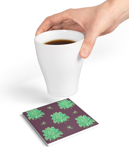 Mint Green Floral Butterflies 4" x 4" Square Ceramic Coaster