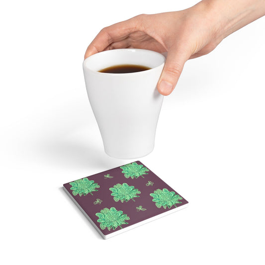 Mint Green Floral Butterflies 4" x 4" Square Ceramic Coaster