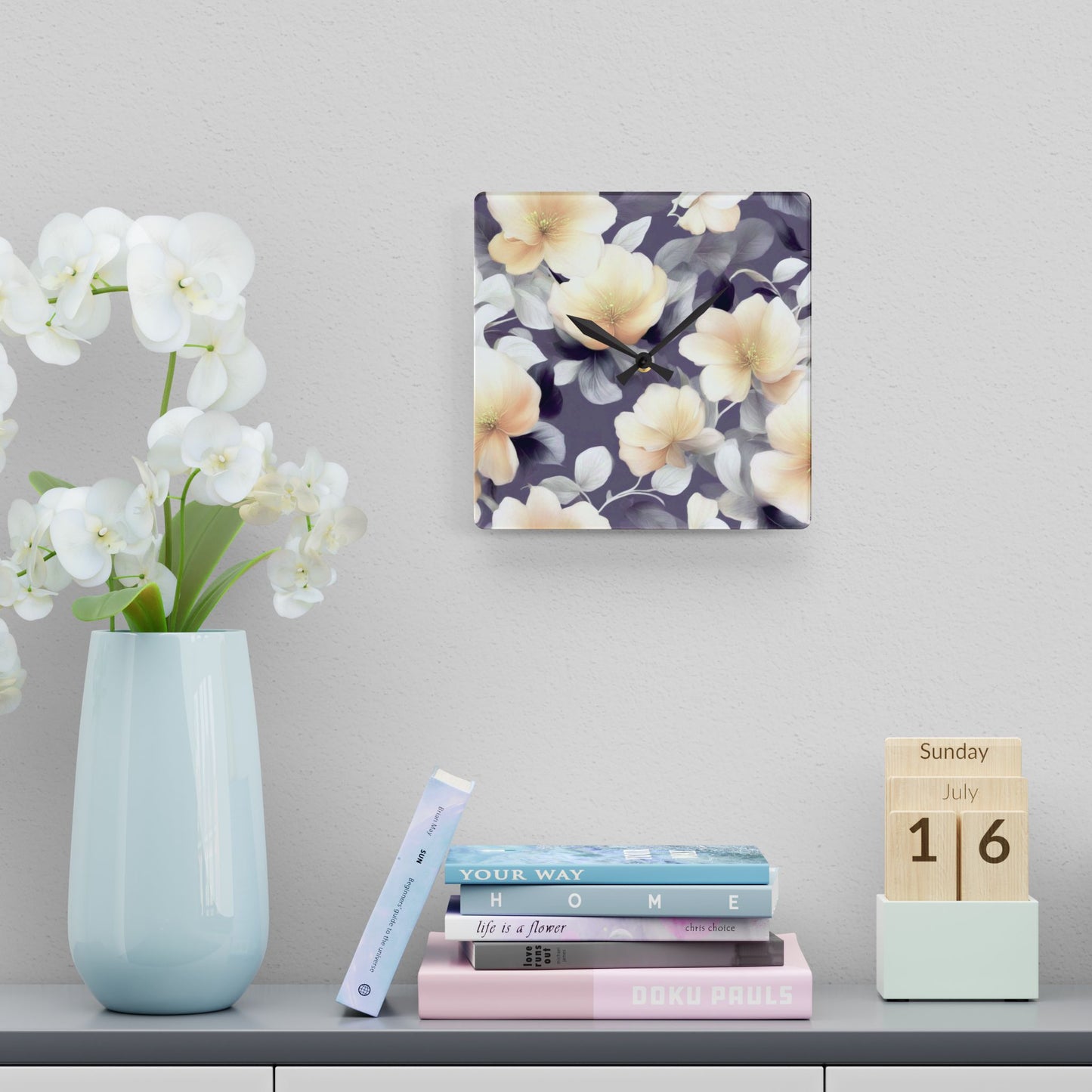 White Blush Floral Bunch Acrylic Wall Clock, Round or Square, 10.75" x 10.75"