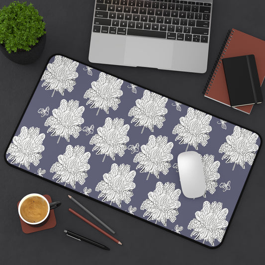 White Floral Butterflies 12" x 22" Desk Mat