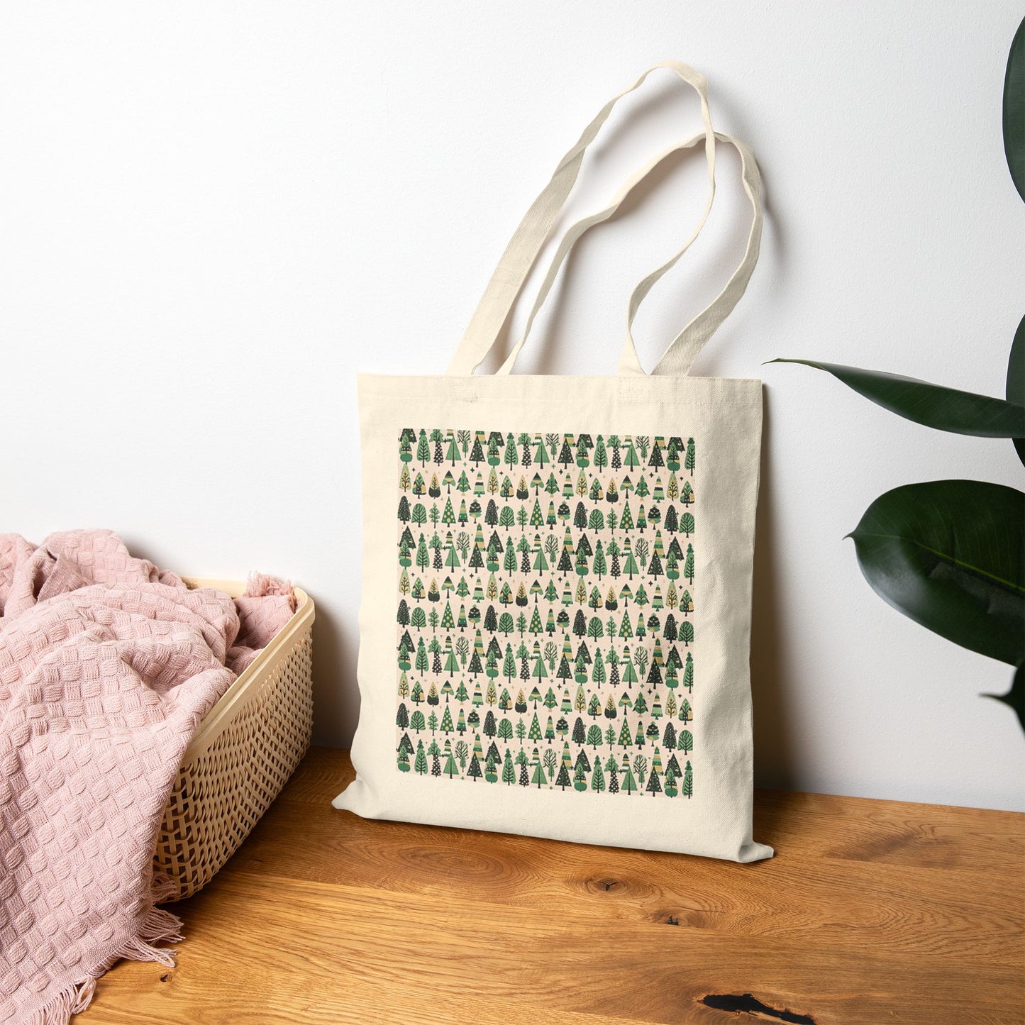 Mini Vintage Green Trees Cotton Canvas Tote Bag