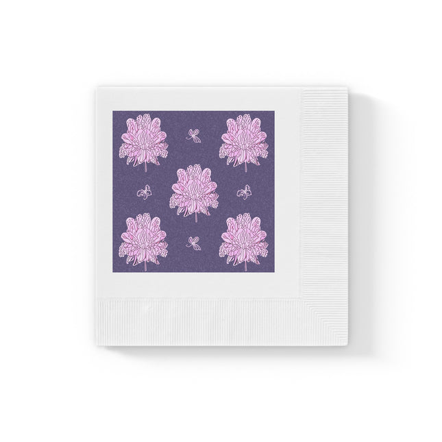 Magenta Floral Butterflies White Coined Napkins, 4.8" x 4.8"