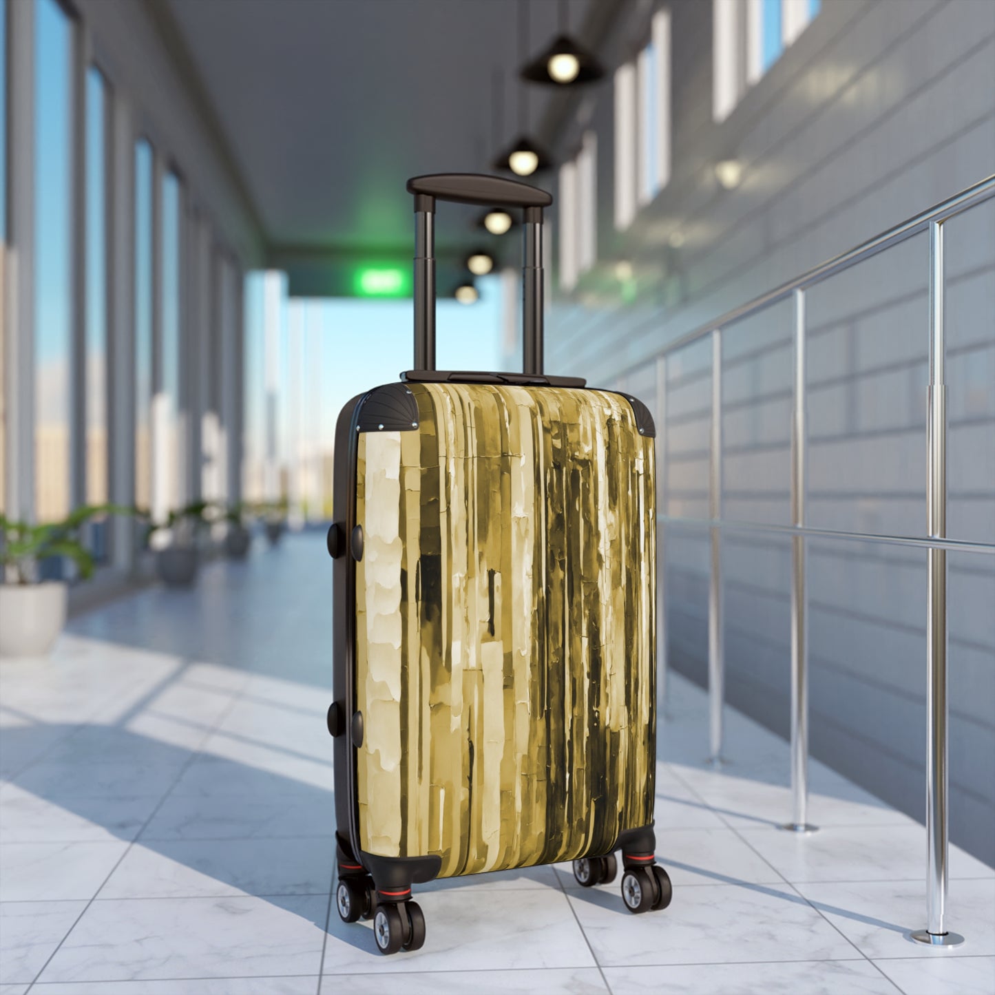 Striped Light Brown Small Suitcase with built in lock, 4 double-wheels, telescopic handle, and ABS back hard-shell