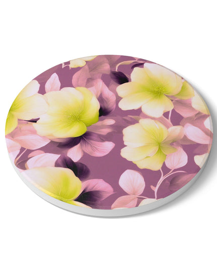 Lemon Blossom Floral Bunch Round Ceramic Coaster, 4" x 4"