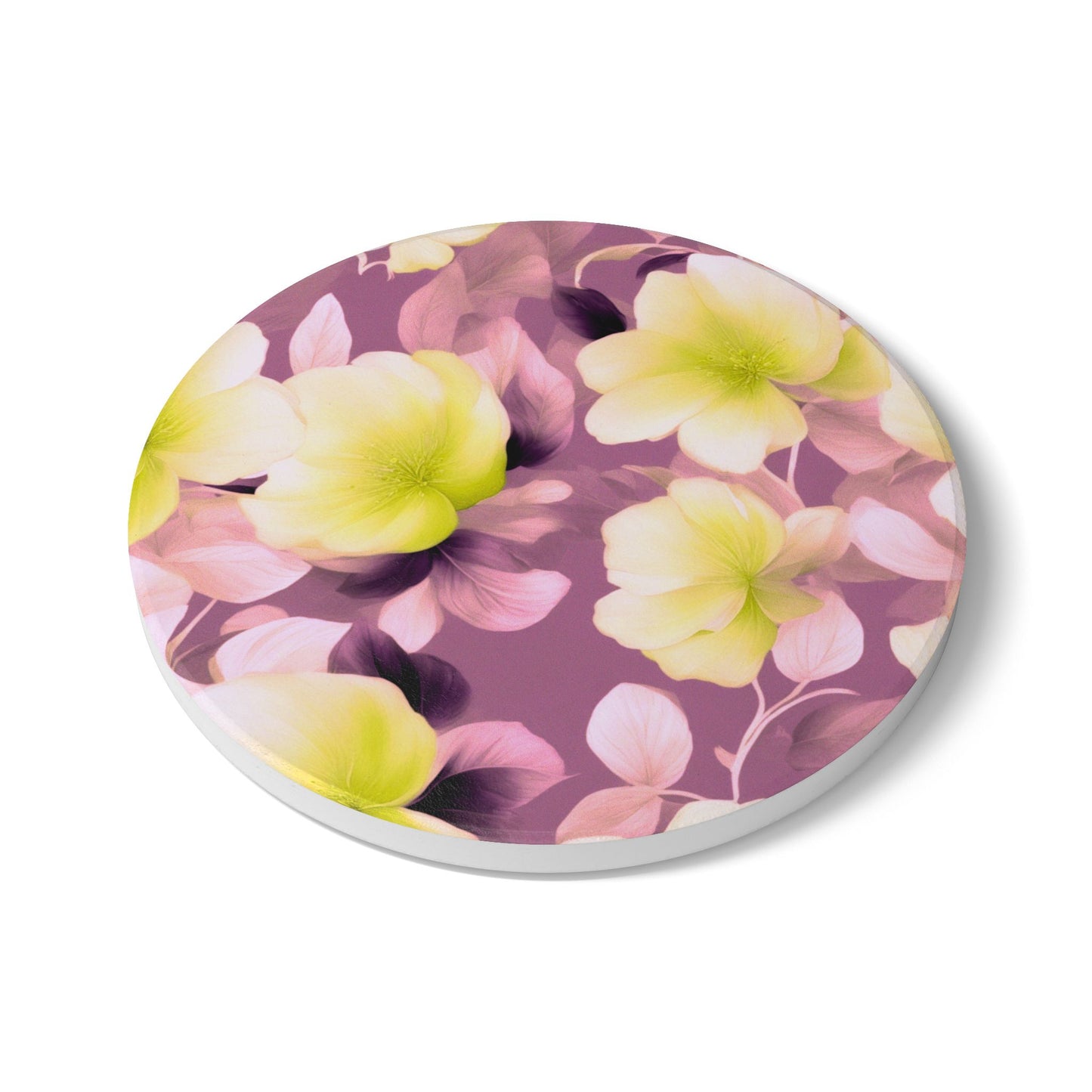 Lemon Blossom Floral Bunch Round Ceramic Coaster, 4" x 4"