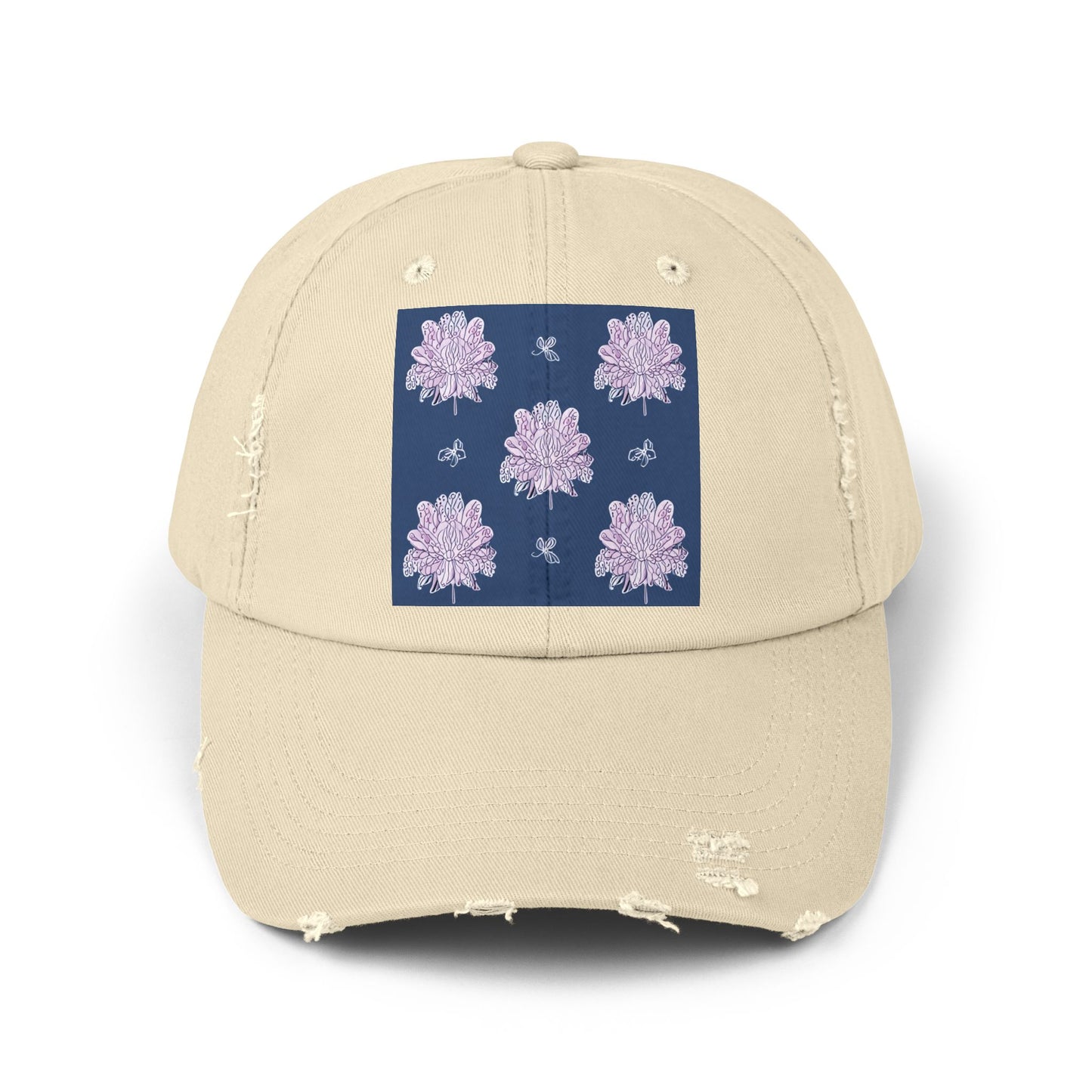 Purple White Floral Butterflies Unisex Distressed Cap