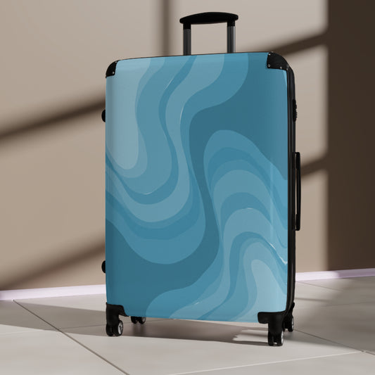 Sky Blue Wavey Large Suitcase with built in lock, 4 double-wheels, telescopic handle, and ABS back hard-shell